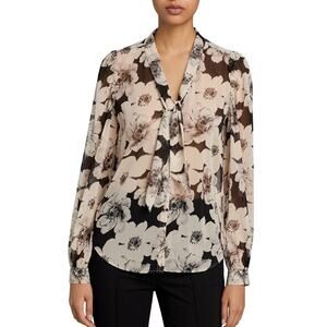 Paige Giada Tie Neck Button Front Floral Long Sleeve Blouse Black White Large